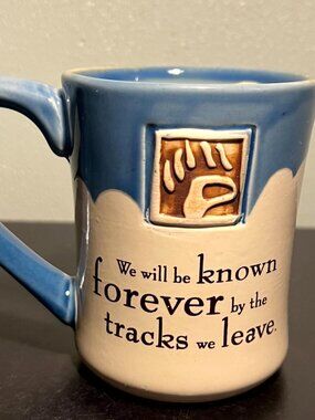 Big Sky Carvers Stoneware Bear Paw Track Coffee Mug Tea Cup Blue Beige 14oz